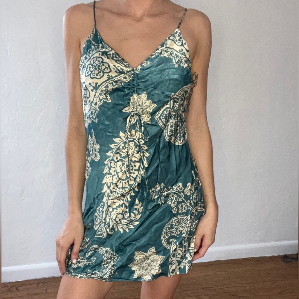 Teal silk slip dress